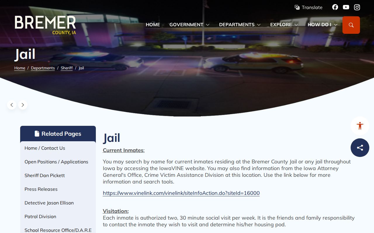 Bremer County Sheriff Jail page directing searches to IowaVINE