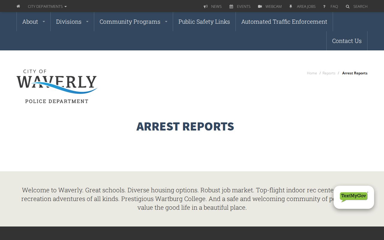 Official Waverly Police Arrest Reports landing page