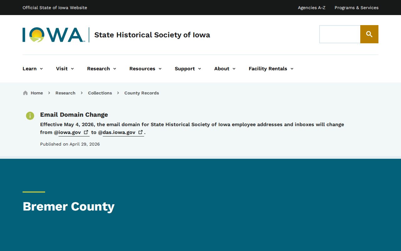 State Historical Society Iowa Bremer County records page