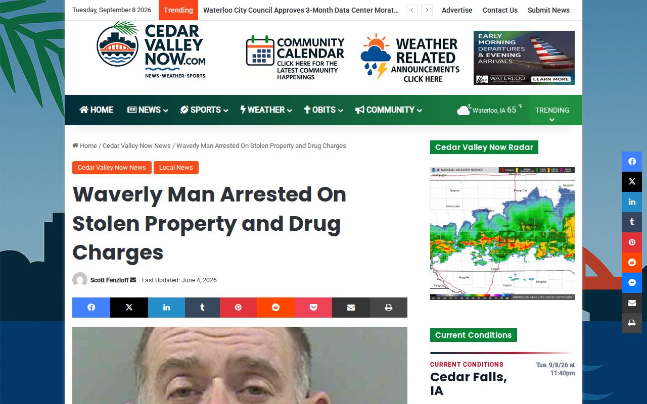 Cedar Valley Now report about a Waverly-area arrest